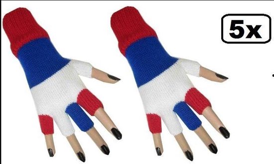 5x Paar Vingerloze Handschoen Rood Wit Blauw