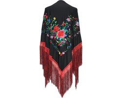 Spaanse manton - omslagdoek - zwart met diverse bloemen Large bij verkleedkleding of flamenco jurk - Fiësta - feest kleding