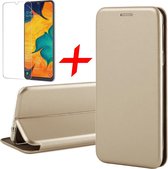 Hoesje geschikt voor Samsung Galaxy A30 - Screen Protector GlassGuard - Book Case Leer ThinShield Goud & Screenprotector