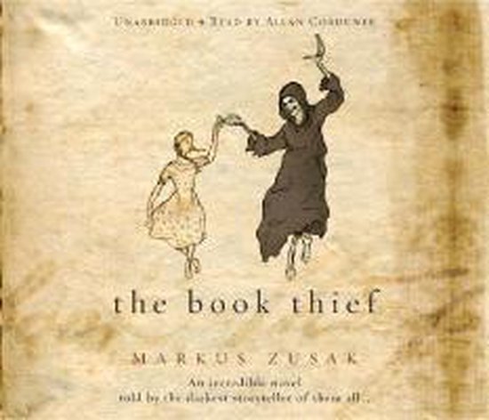 Boek omslag 'The Book Thief' met illustratie van Grim Reaper die danst met een meisje.