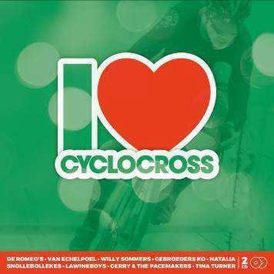 Groene achtergrond met tekst 'I love cyclocross' en een wielrenner.