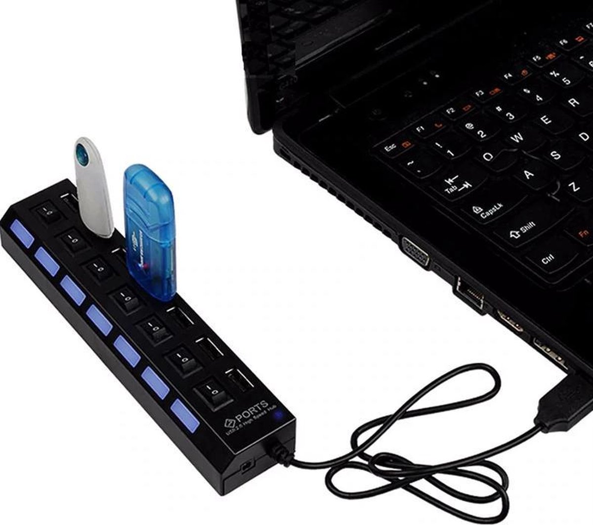 7 Poort Multi USB 2.0 Hub Splitter Zwart - Voor Laptop / Apple Mac / Macbook & Windows - Met LED Verlichting
