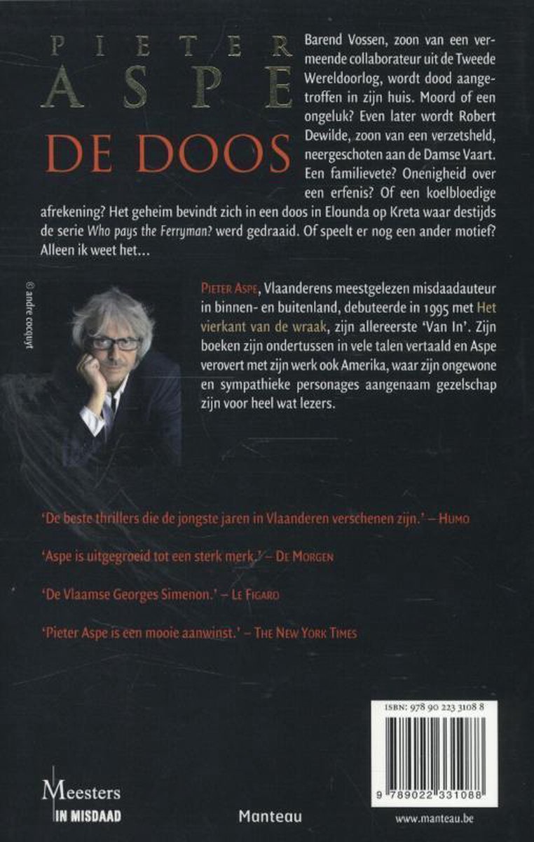 Boek "De Doos" van Pieter Aspe met op de voorkant een portret van de auteur.