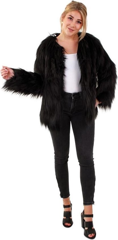 Langharige zwarte korte bontjas - maat 44-46 L XL - fake fur jas nepbont pluche... | bol.com