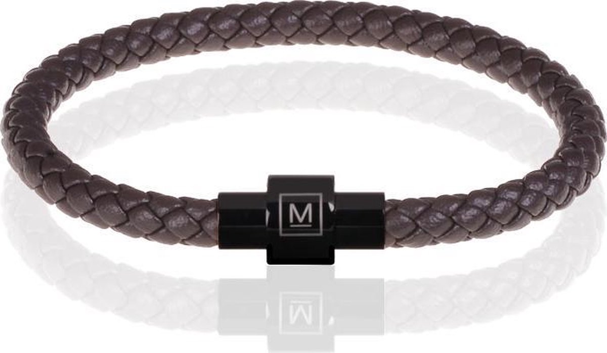Memphis armband leer met edelstaal Donkerbruin Zwart-19cm