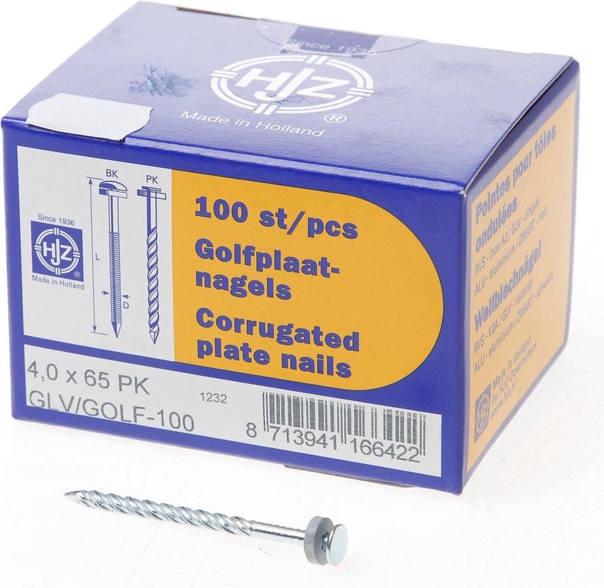 Hjz Golfplaatnagel platkop gegalvaniseerd staal 4 x 65mm