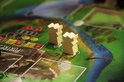 Twee beige pionnen in de vorm van torens op een groen spelbord met rivieren.