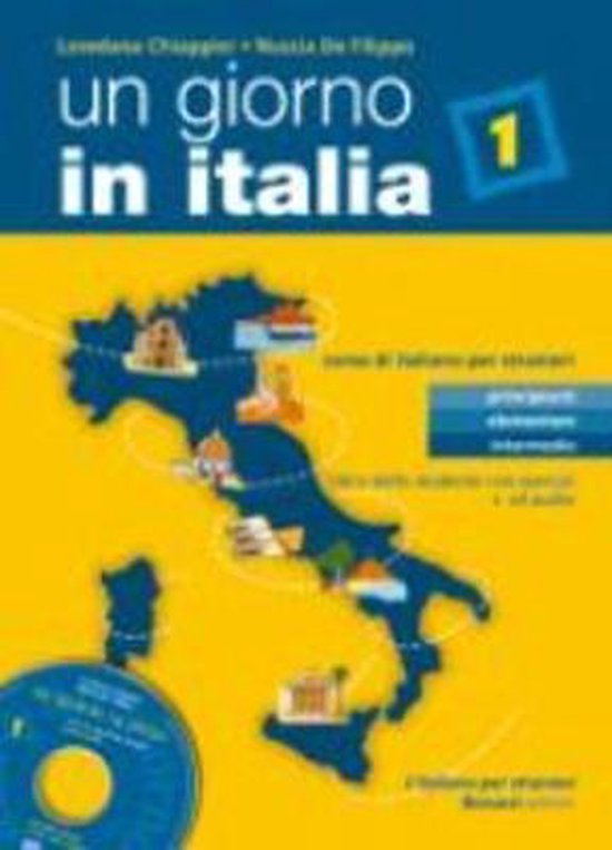Boekomslag met de titel 'Un giorno in Italia', niveau 1, met een kaart van Italië en iconen van Italiaanse steden op een gele achtergrond.
