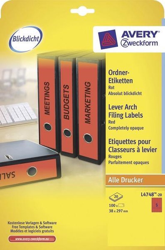 Avery Border Binder Labels, Red 38 x 297mm (20)