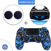 Camo Blauw Siliconen Beschermhoes + Thumb Grips + Lightbar Skin voor PS4 Dualshock PlayStation 4 Controller - Softcover Hoes / Case
