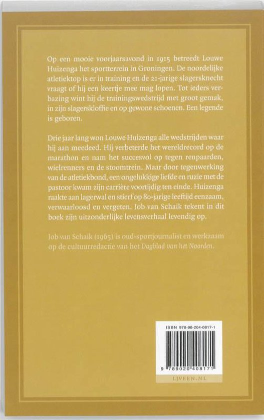 Achterkant van het boek "Hardloper Huizenga" met tekst en barcode.