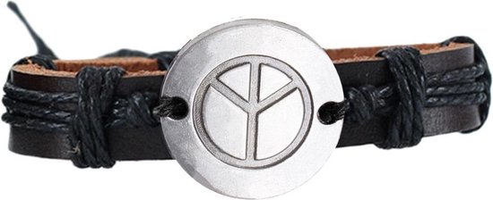 Fako Bijoux® - Leren Armband - Leder - Peace Rond - Zwart