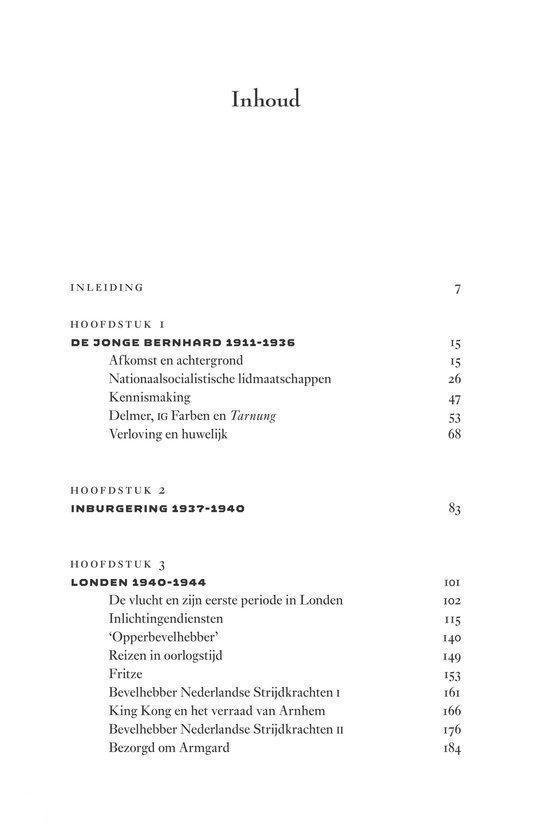 Inhoudsopgave van een boek met hoofdstukken over Prins Bernhard, van zijn jeugd tot zijn tijd in Londen.