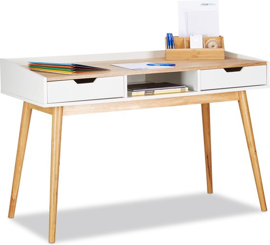 Relaxdays bureau met lades - computertafel - computerbureau - Scandinavisch design - wit