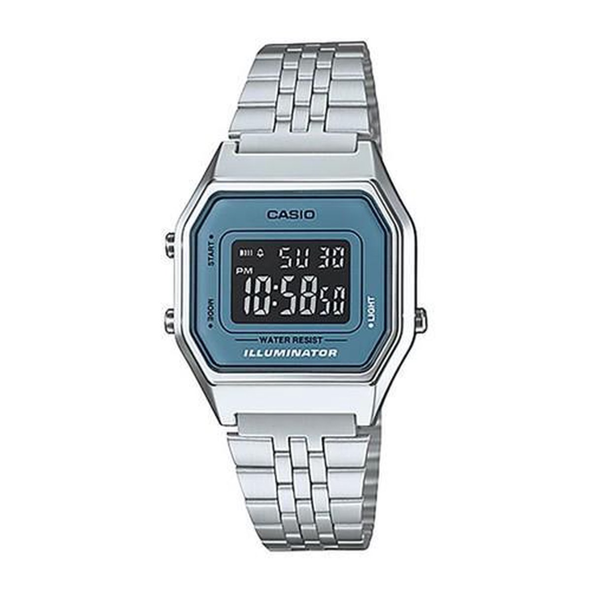 Casio LA680WA-2BDF zilverkleurig band en blauwe horloge kast.