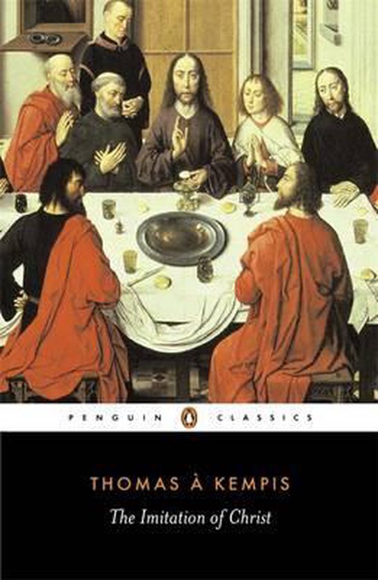 Boek 'The Imitation of Christ' van Thomas à Kempis, met een schilderij van het Laatste Avondmaal op de voorkant.