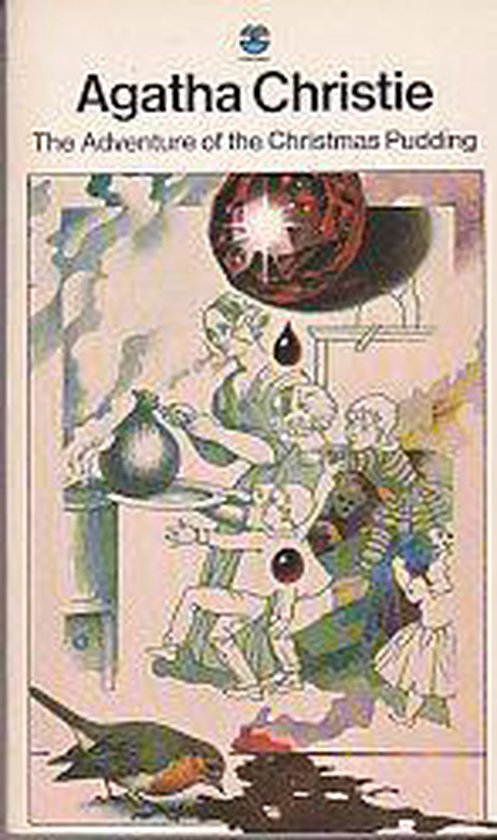 Couverture du livre 'The Adventure of the Christmas Pudding' par Agatha Christie. Une illustration montre un groupe de personnages, un sac et une grosse boule de Noël brillante.