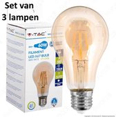 Retro LED lamp Amber glas | ø = 67mm  L = 123mm | 2200K Warm Wit | E27 8W vervangt 60W | Set van 3 stuks