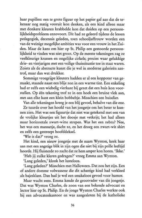 Boekpagina met tekst over een tekening van een huis en een jongetje, de tekst in het Nederlands.