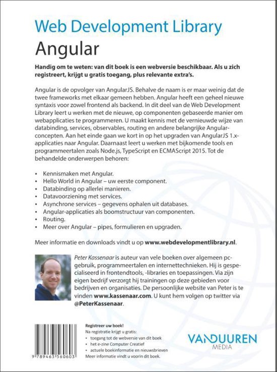 Achterkant boek "Angular Web Development Library" van Peter Kassenaar, met tekst over de inhoud en Peter Kassenaar.