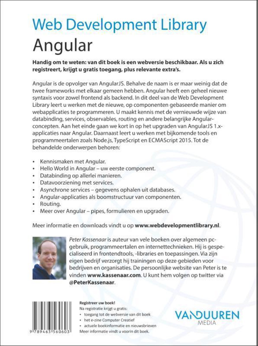 Achterkant boek "Angular Web Development Library" van Peter Kassenaar, met tekst over de inhoud en Peter Kassenaar.
