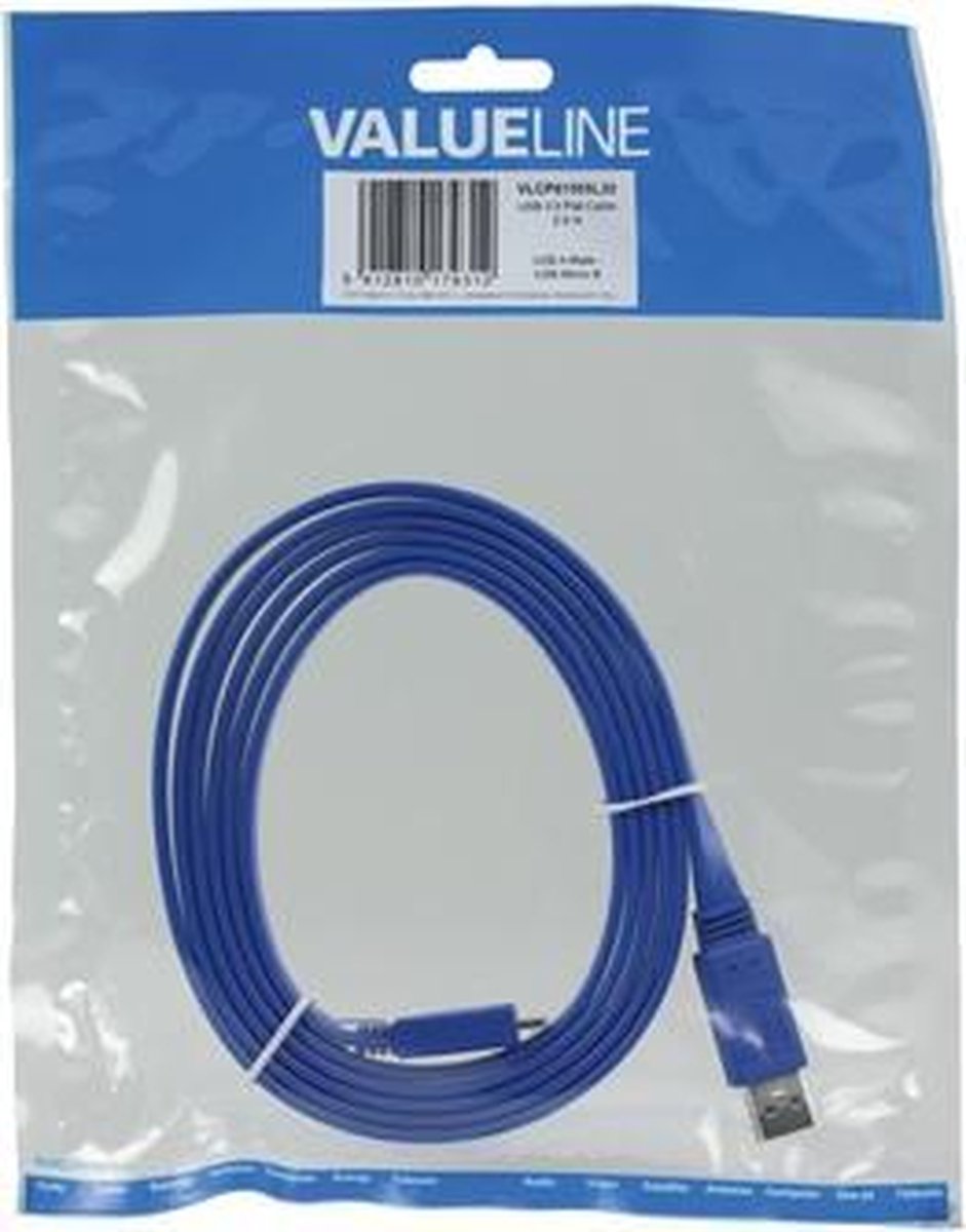 Valueline USB 3.0 USB A male - USB micro B male platte kabel 2,00 m blauw