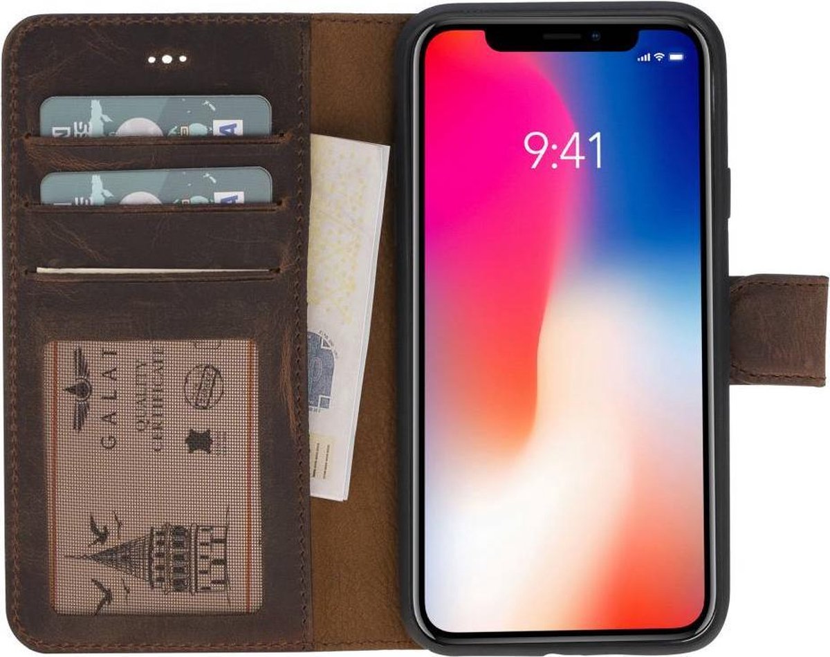 GALATA® Echte lederen book wallet ID – iPhone X / XS - antiek bruin hoesje