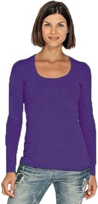 Bodyfit dames shirt lange mouwen/longsleeve paars - Dameskleding basic shirts XL (42)