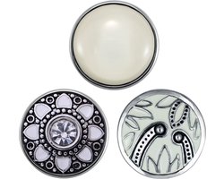 Quiges - Chunk 18mm Click Button Drukknoop Set van 3 Stuks Mix Wit Emaille met Zirkonia - EBCMSET005