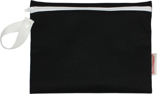 Zwarte ImseVimse wetbag met witte rits, lusje en label.