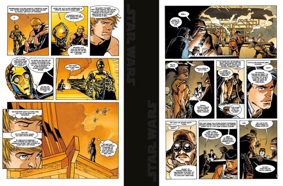 Stripboekpagina met sci-fi figuren. Een gouden droid, een jonge man en een vrouw in woestijnkleding praten. Ze staan op zand en bij gebouwen.