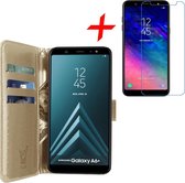 Hoesje voor Samsung Galaxy A6+ Plus (2018) Book Case met Pasjeshouder Goud + Screenprotector Tempered Gehard Glas - Wallet van iCall