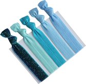 Set van 5 Haarbandjes Blauw en Turquoise| Haarelastiek | Haar- en Polsbandjes
