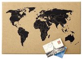 Wereldkaart Van Kurk - Wereld kaart Prikbord - Worldmap - Inclusief 6 Pinnen En Ophang Beugel - Naturel/Zwart - 60x40 cm