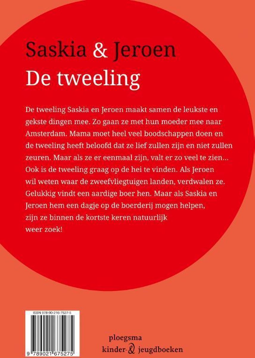 Achterkant van het boek 'Saskia & Jeroen - De tweeling'. Rode achtergrond met de titel en een samenvatting van het verhaal in witte en zwarte letters. Onderaan staat de ISBN.