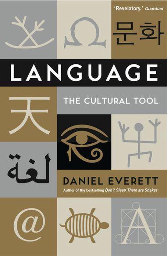 Boek 'Language: The Cultural Tool' van Daniel Everett. Iconen van verschillende schriften en symbolen op een mozaïekachtergrond.