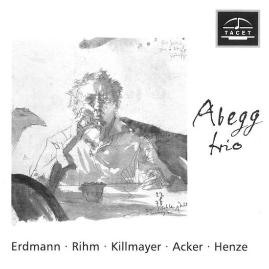 Albumhoes met potloodschets van een man aan tafel. Tekst: Abegg Trio, Erdmann, Rihm, Killmayer, Acker, Henze, Tacet.