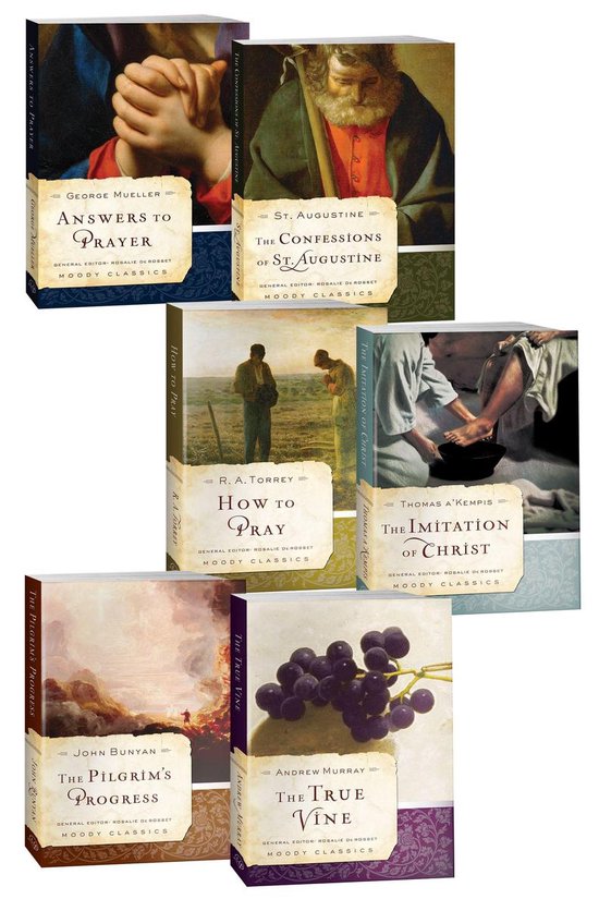 Boekruggen van zes klassieke religieuze boeken: gebed, belijdenissen, pelgrim, imitatie, gebed, ware wijnstok.