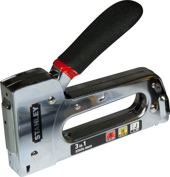 Zilverkleurige Stanley "3 in 1" nietmachine met zwart handvat en rode accenten.