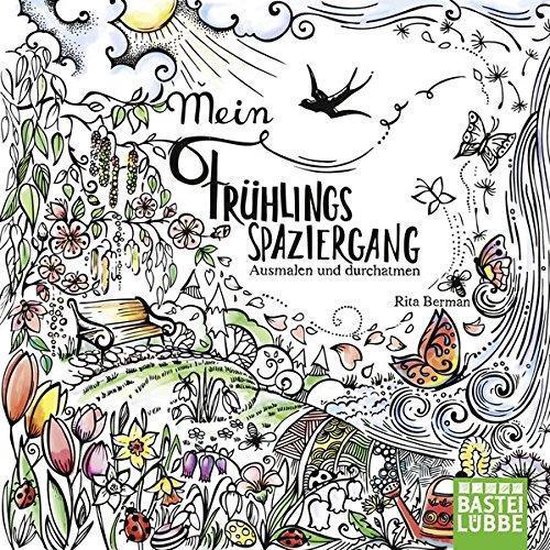 Couverture du livre 'Mein Frühlingsspaziergang' avec soleil, fleurs, papillons, oiseaux et banc.