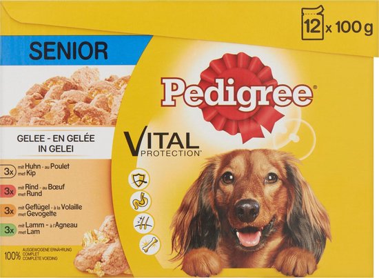Gelee - en gelée in gelei, 12 x 100g pak met een vrolijke hond.