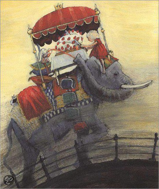 Een meisje in een rode jurk zit op een olifant met een draagstoel, met een konijn.