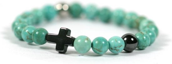 Bracelet enfant croix pierre gemme turquoise 6mm - IbizaHomme KIDS - 16cm