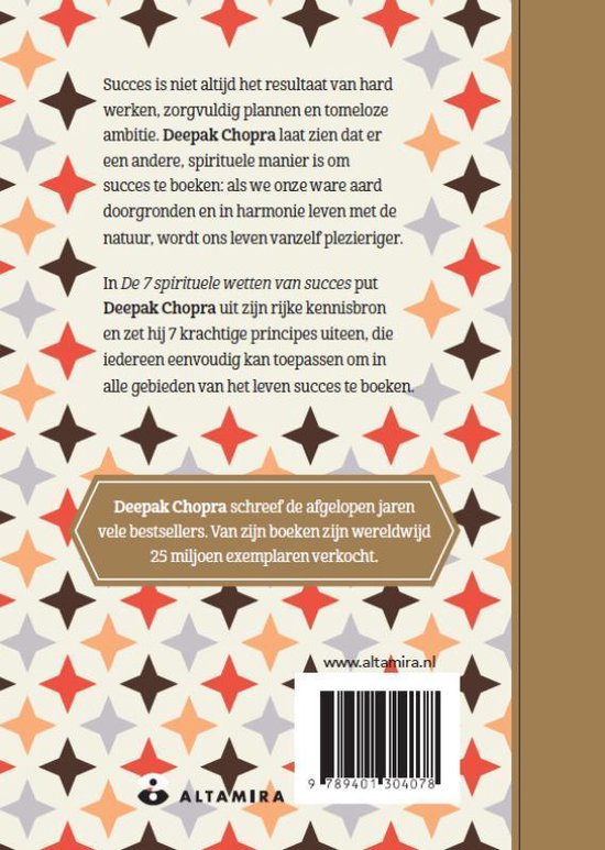 Achterkant van een boek met een sterrenpatroon. Bevat tekst over Deepak Chopra en 'De 7 spirituele wetten van succes'.