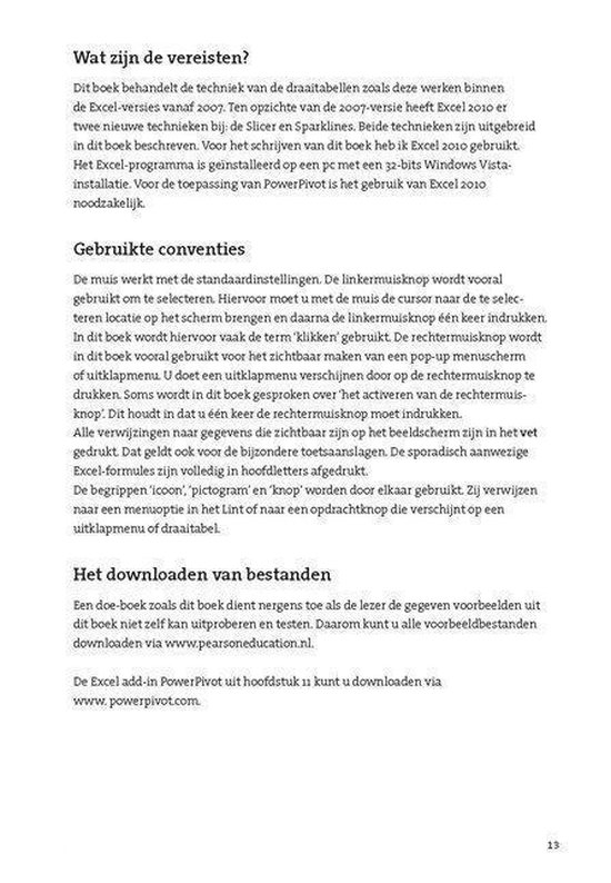 Pagina van het boek 'Excel: Draaitabellen' met de tekst 'Wat zijn de vereisten?', 'Gebruikte conventies' en 'Het downloaden van bestanden'.