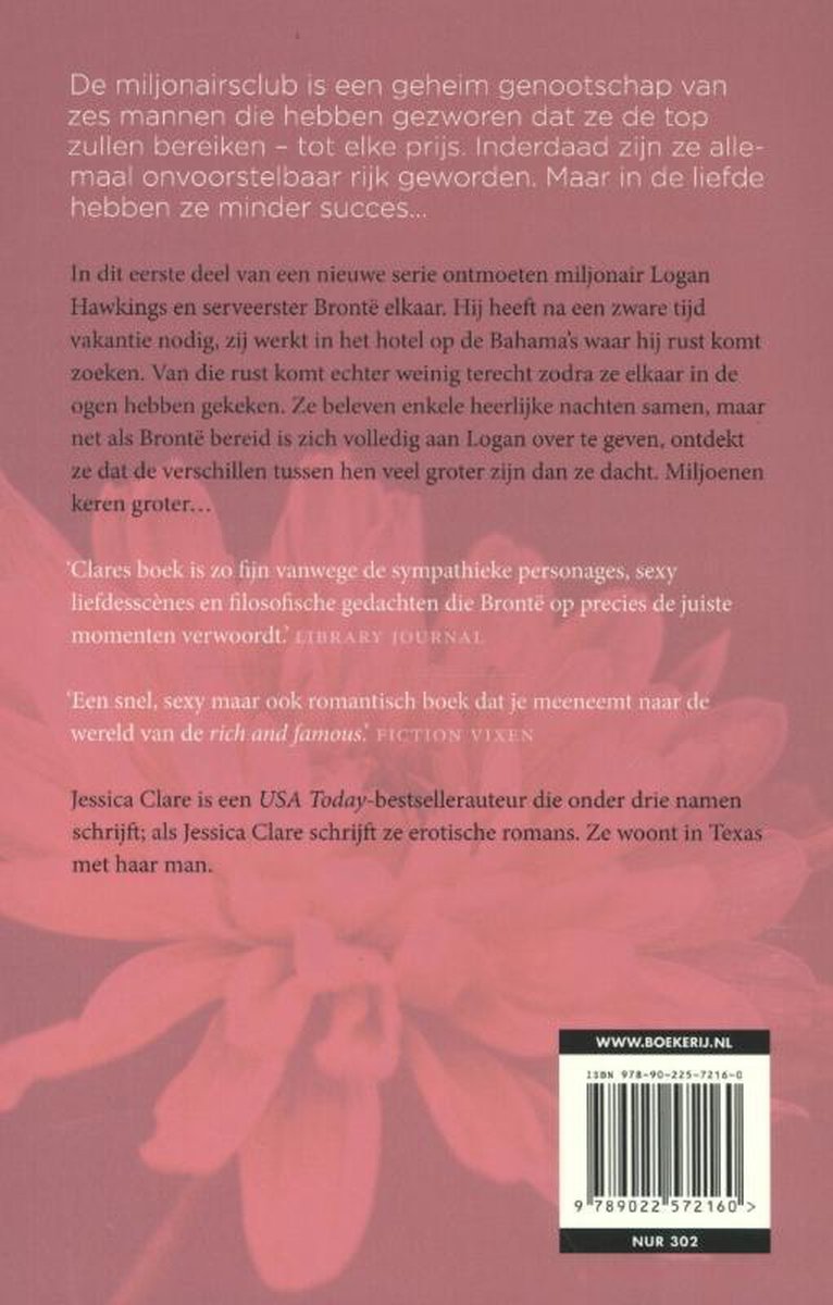 Achterkant van een boek met tekst over 'De Miljonairsclub' serie, auteur Jessica Clare. Een bloem en website zijn zichtbaar.