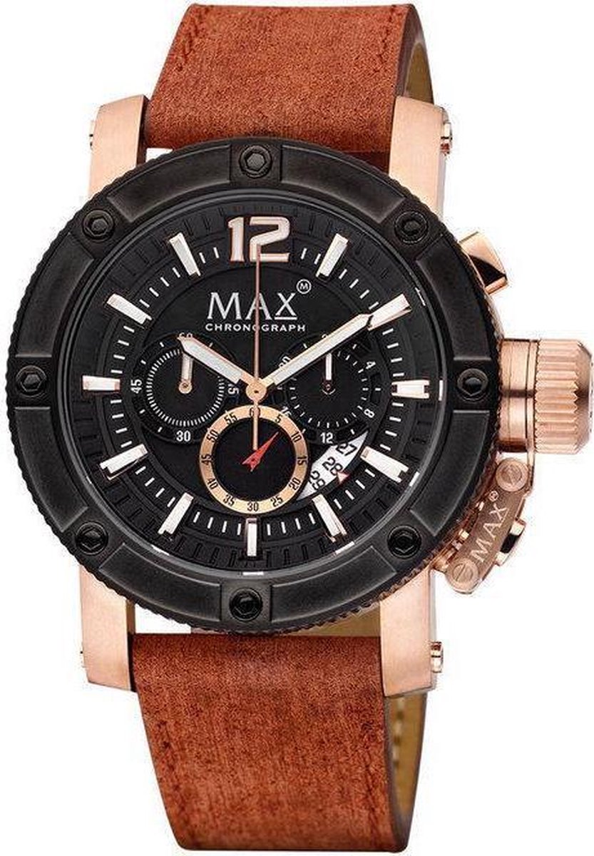 Max Chronograph 5 MAX663 Horloge - Leren band - Ø 47 mm - Bruin - Rosékleurig - Zwart