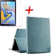 Hoes geschikt voor Samsung Galaxy Tab A 10.5 (2018) - Canvas Eco Leer Book Case Smart Cover Blauw + Screenprotector Gehard Tempered Glass - Hoesje van iCall