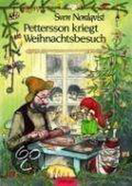 Couverture du livre "Pettersson reçoit une visite de Noël". Un homme barbu portant un bonnet de Noël et des enfants derrière une fenêtre décorée pour Noël.