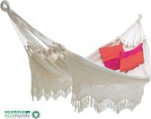 ECOMUNDY® - 2-persoons hangmat - gehaakte franje - handmade - Naturel BIO katoen - GOTS - Luxe kwaliteit - Lengte 380cm - Max 250kg